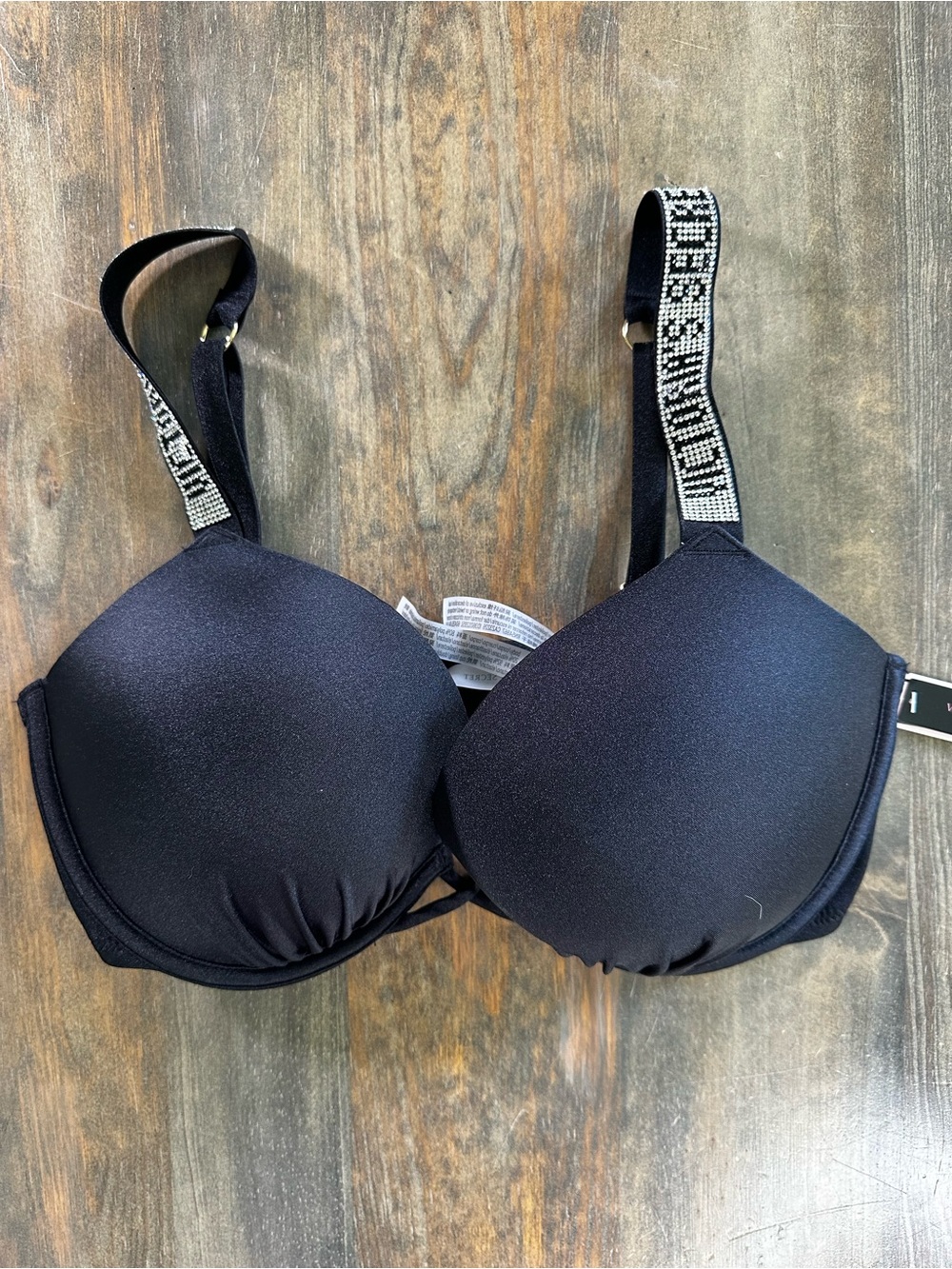 Victoria's Secret Black Padded Swim Top with Embellished Logo Straps 34DD NWT